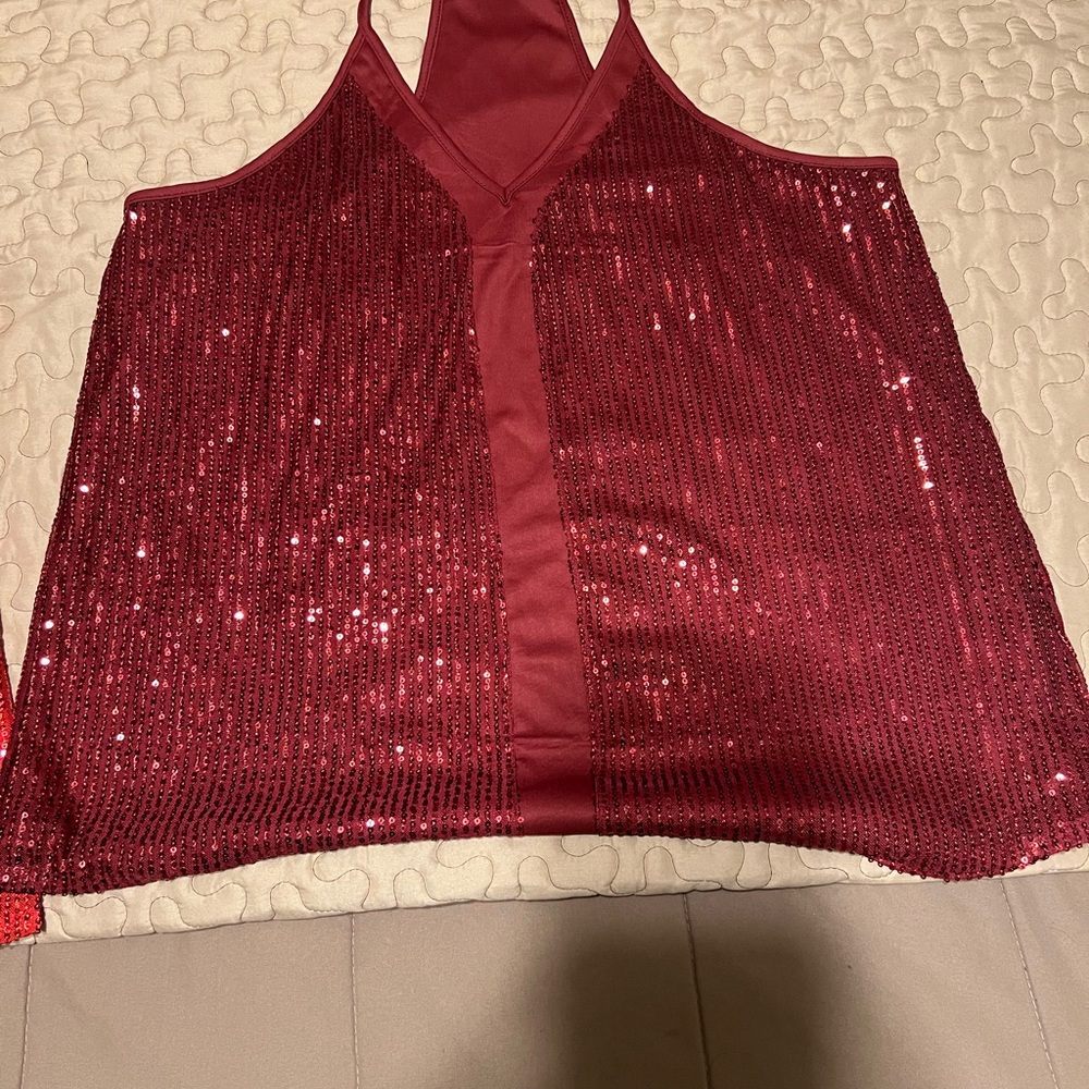Elegant Wine V-Neck Sequin Flowy Halter Top